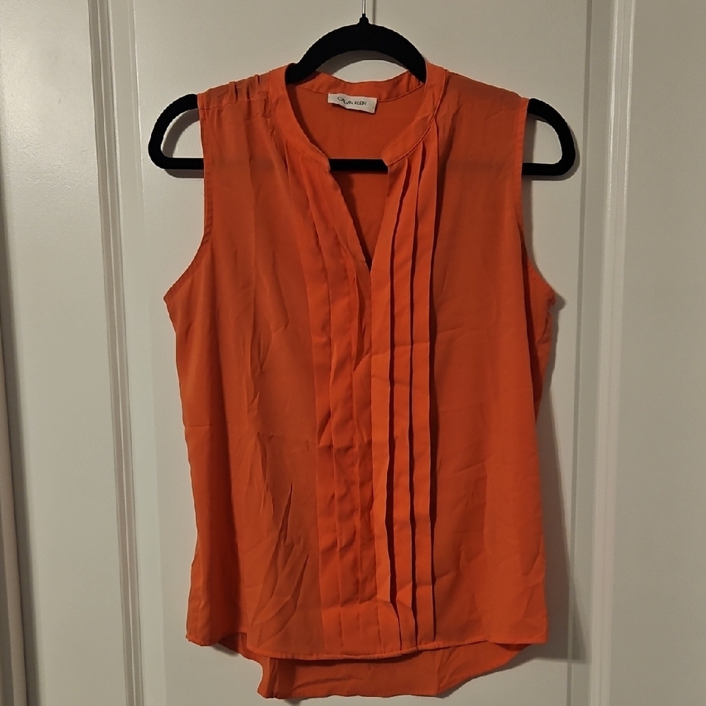 Calvin Klein Orange Pleated Sleeveless Blouse